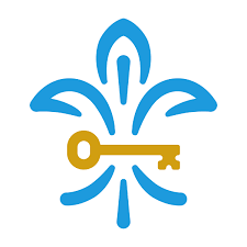 A stylized design of a fountain with water spraying upward and a gold key crossing horizontally in front of it.