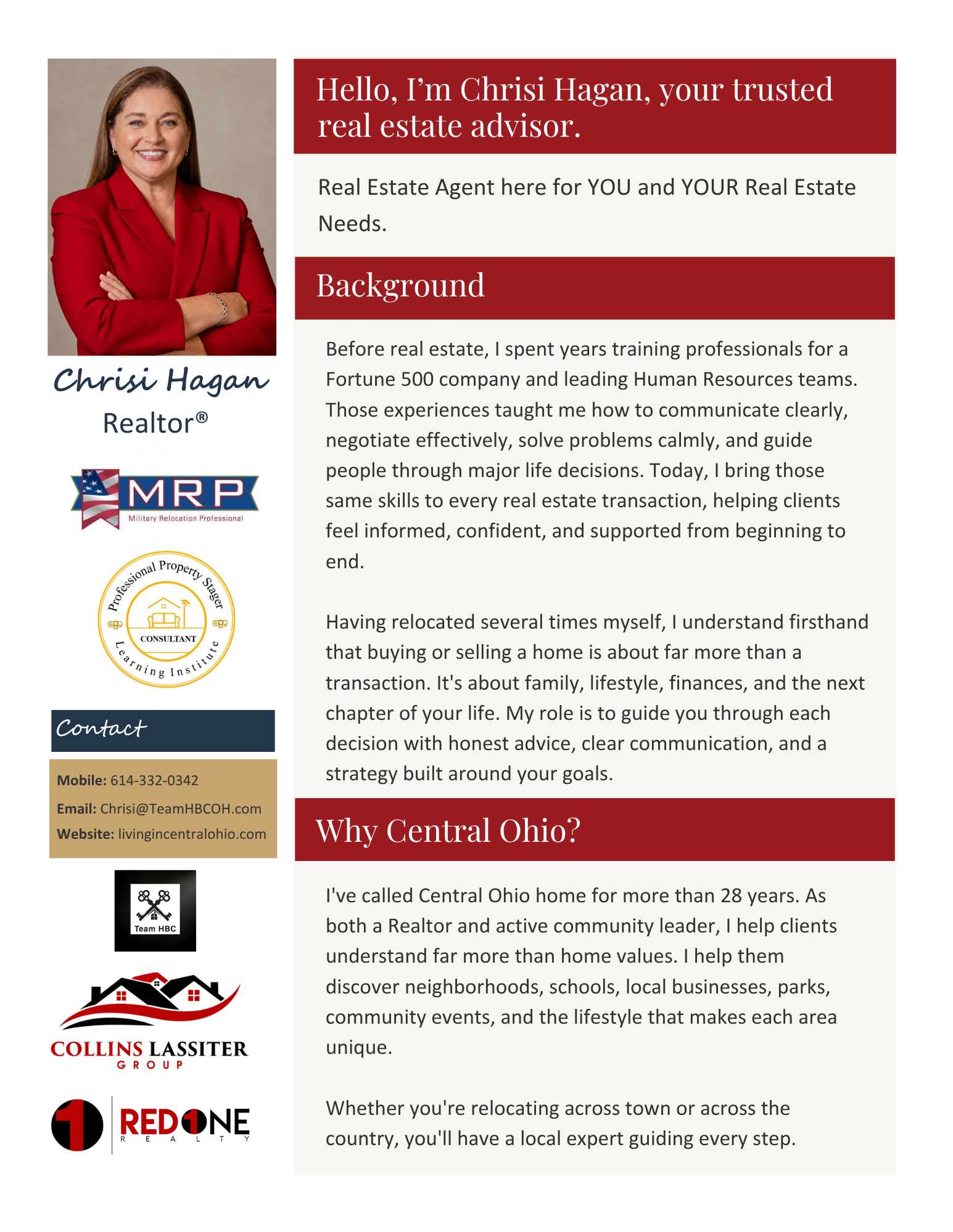 A digital brochure featuring Chris Hagan, a real estate agent, with her photograph on the left and a professional introduction, background, and contact information on the right. The brochure includes logos of her affiliations, such as Military Relocation Professional and Professional Property Stager.