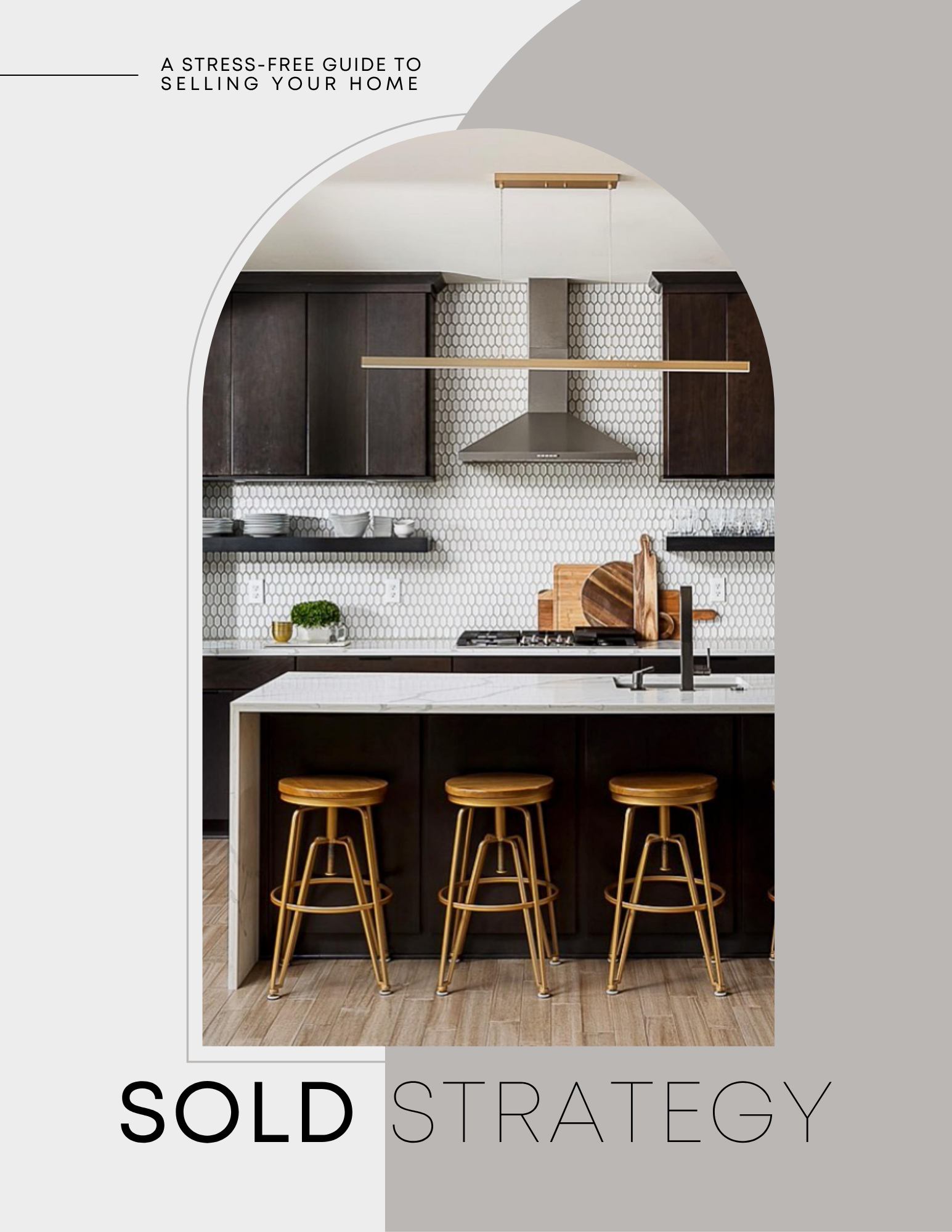 A modern kitchen with dark wood cabinets, a white countertop with bar stools underneath, a tile backsplash, and a range hood. The image is part of a webpage about selling a home, with the words "SOLD" and "STRATEGY" visible at the bottom.