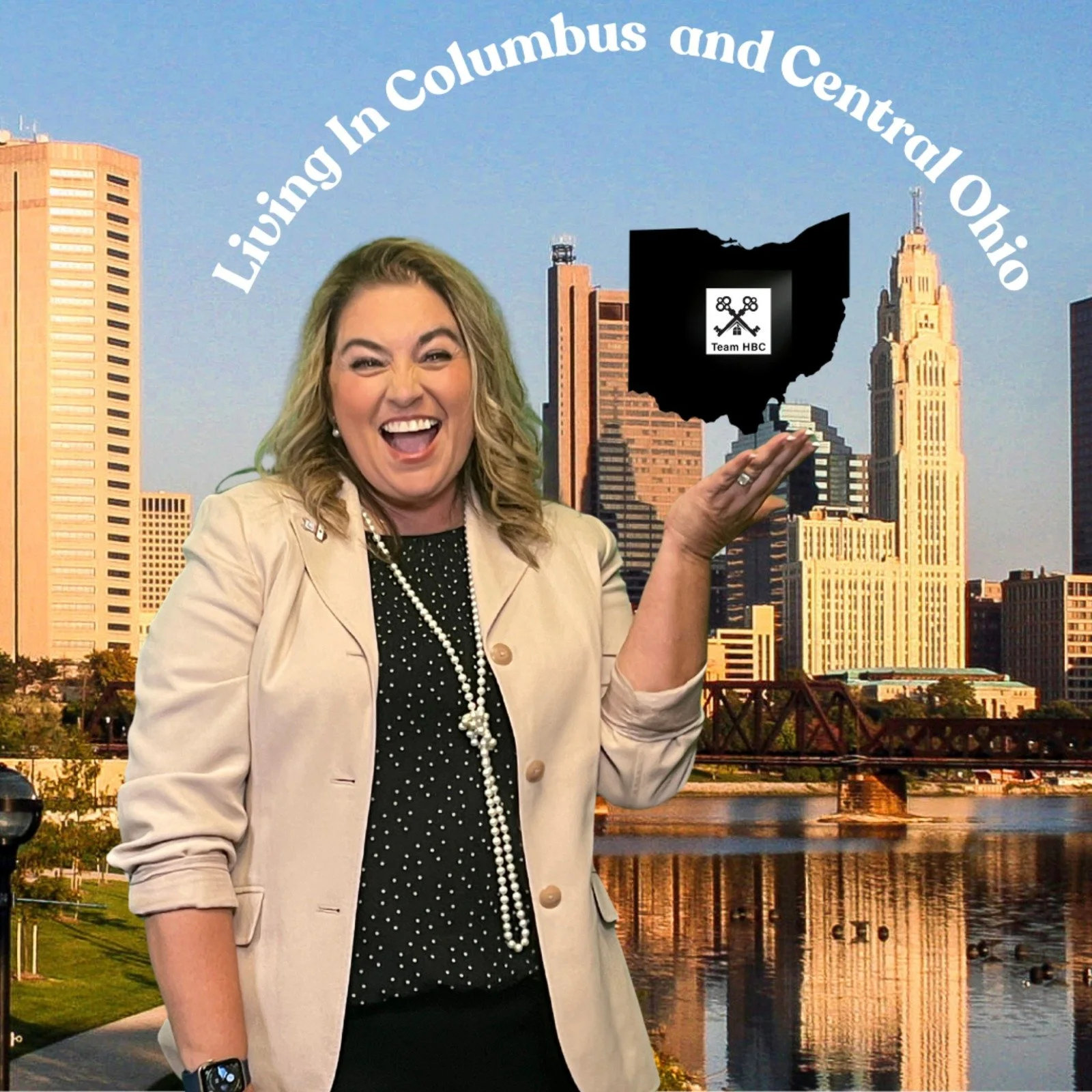 A woman smiling and holding her hand up as if balancing the map of Ohio with a logo that says 'Team HBC,' with a city skyline and river in the background.