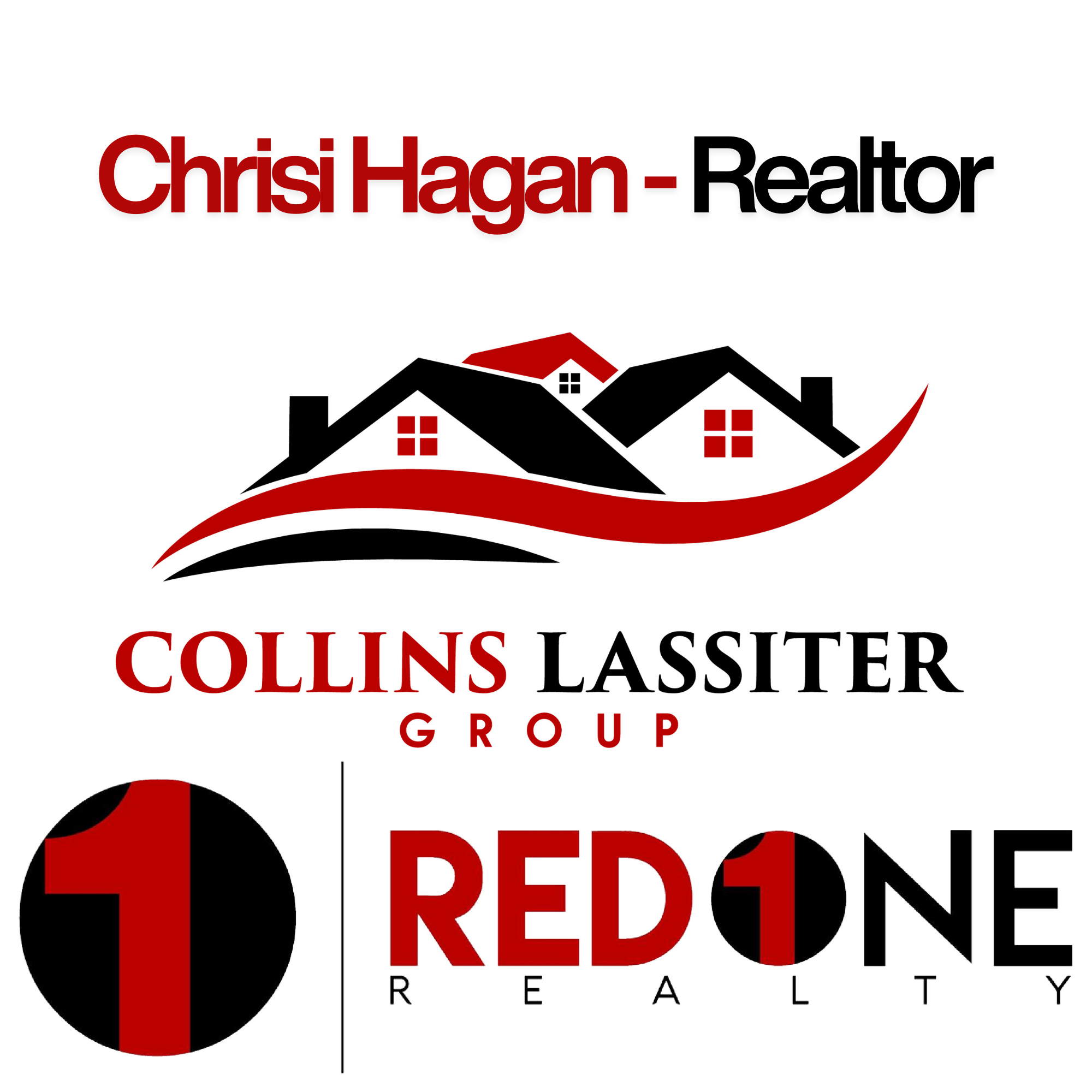 Company logo featuring three black rooftops with red roofs, red and black windows, and a red curved base. Text reads "Chris Hagan - Reator" and "Collins Lasset Group" with additional text "REDUCE, REBUILD" and "REALTY."
