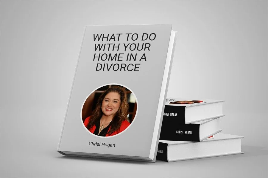 A book titled "What to Do With Your Home in a Divorce" by Chrisi Hagan, with a photo of a smiling woman on the cover, sitting on top of three other stacked books with similar covers.