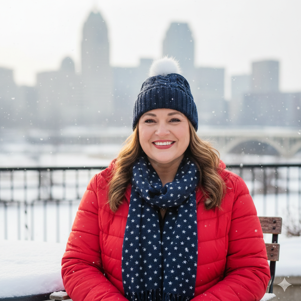A woman with brown hair smiling, wearing a navy blue knit hat with a pom-pom, a red puffer jacket, and a star-patterned scarf, sitting on a bench outdoors in a snowy cityscape with blurred tall buildings in the background.