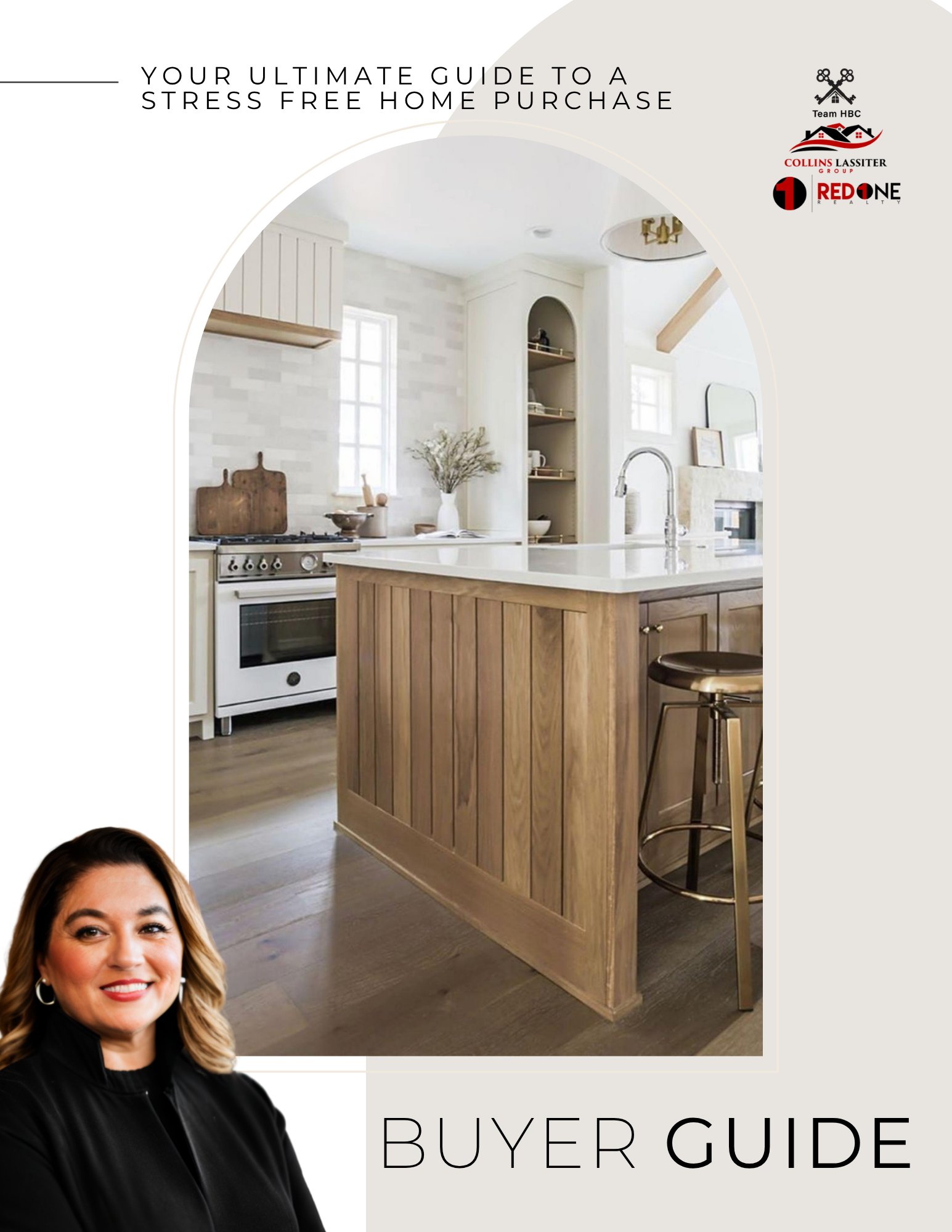 A modern kitchen with a white brick backsplash, a white countertop, wooden cabinets, and natural light coming through two windows. There are decorative items on the shelves and a faucet over the sink. The image also features part of a smiling woman's face in the bottom left corner and the text "Your Ultimate Guide to a Stress-Free Home Purchase" at the top right.