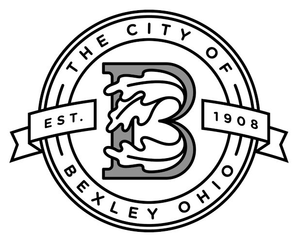 Black and white circular logo for the city of Bexley, Ohio, featuring a large letter 'B' with a stylized eagle head, with the text 'The City of Bexley Ohio', 'Est. 1908'.