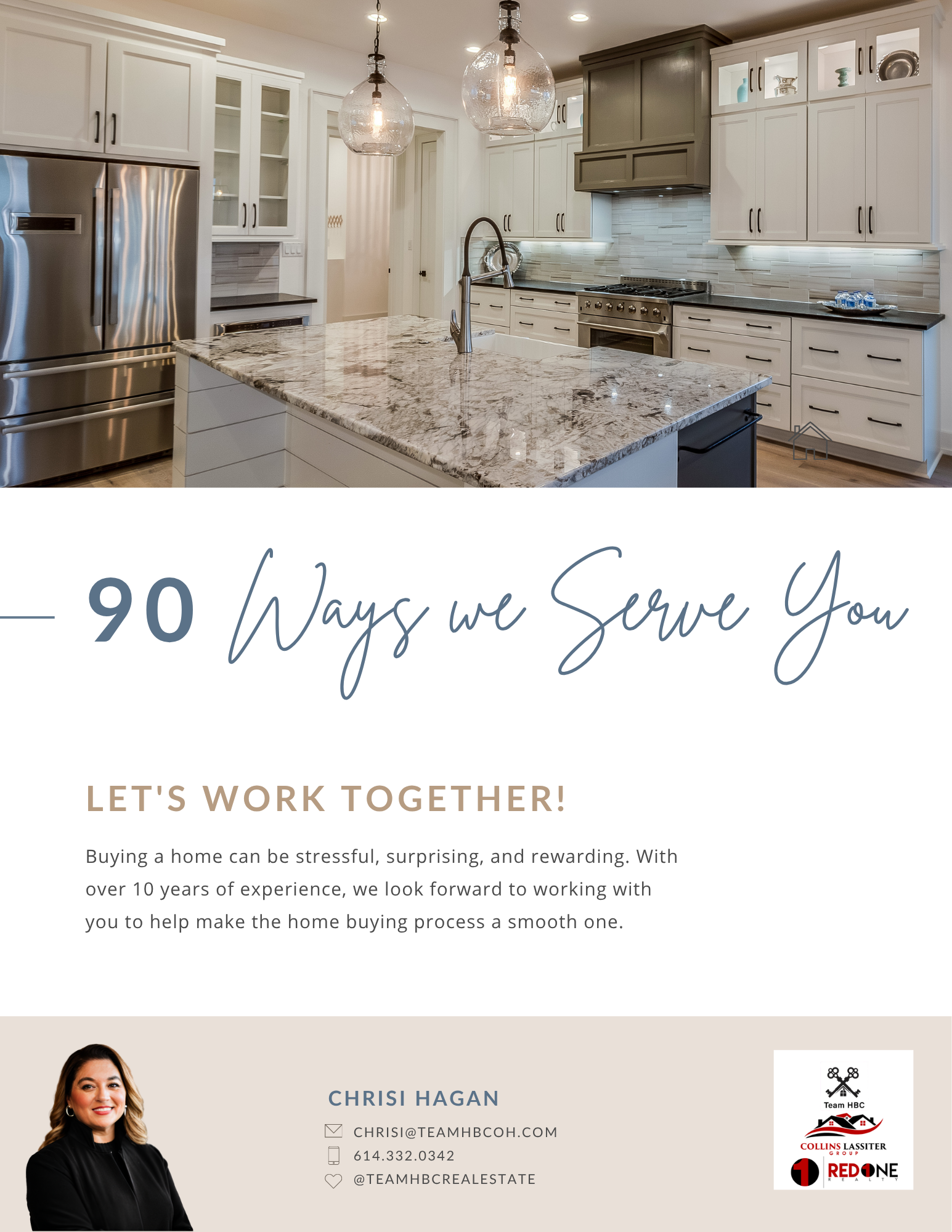 Part of a real estate agent's professional profile webpage showing a woman with brown hair in a black outfit, smiling. Contact information including email, phone number, and social media handle, along with a logo section for real estate companies. The text overlay mentions '90 Ways we Serve You' and 'Let's Work Together!'