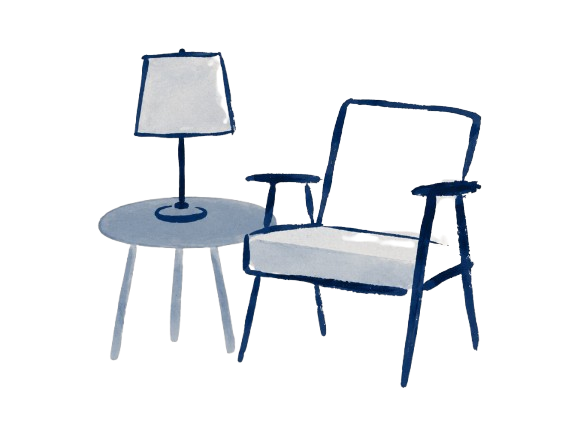 A digital illustration of a living room scene features a small round side table with a lamp on it, a cushioned armchair with armrests, and a side cabinet in the background.