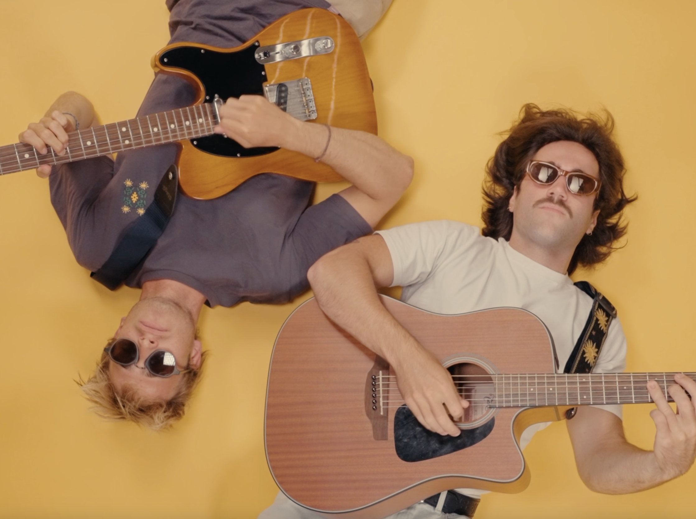 Deux hommes portant des lunettes de soleil jouent et se détendent contre un mur jaune, certains avec des guitares.