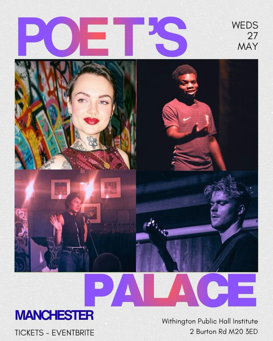 Your favourite community spoken word night is back at Withington Hall for May.

The night is guest hosted by Biz Bond with improvised musical soundscapes from George Kendall.

There will be 6 open mic slots on the night, sign up in advance but don&rs