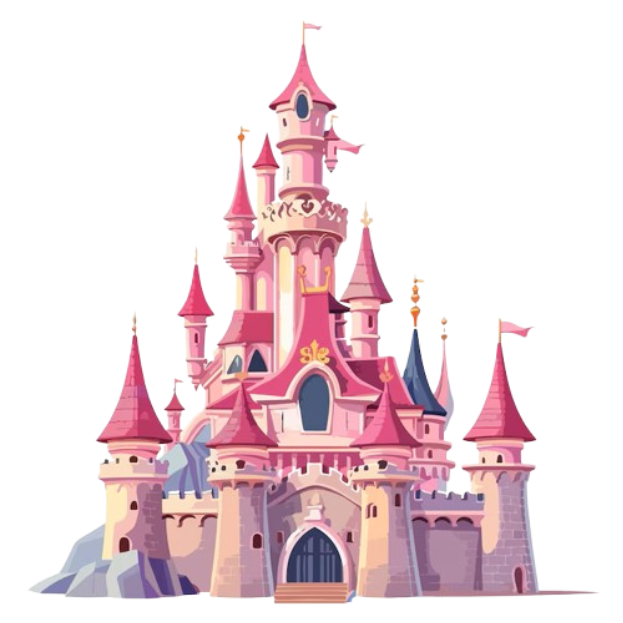 A pink and purple fairy tale castle with multiple towers and flags.