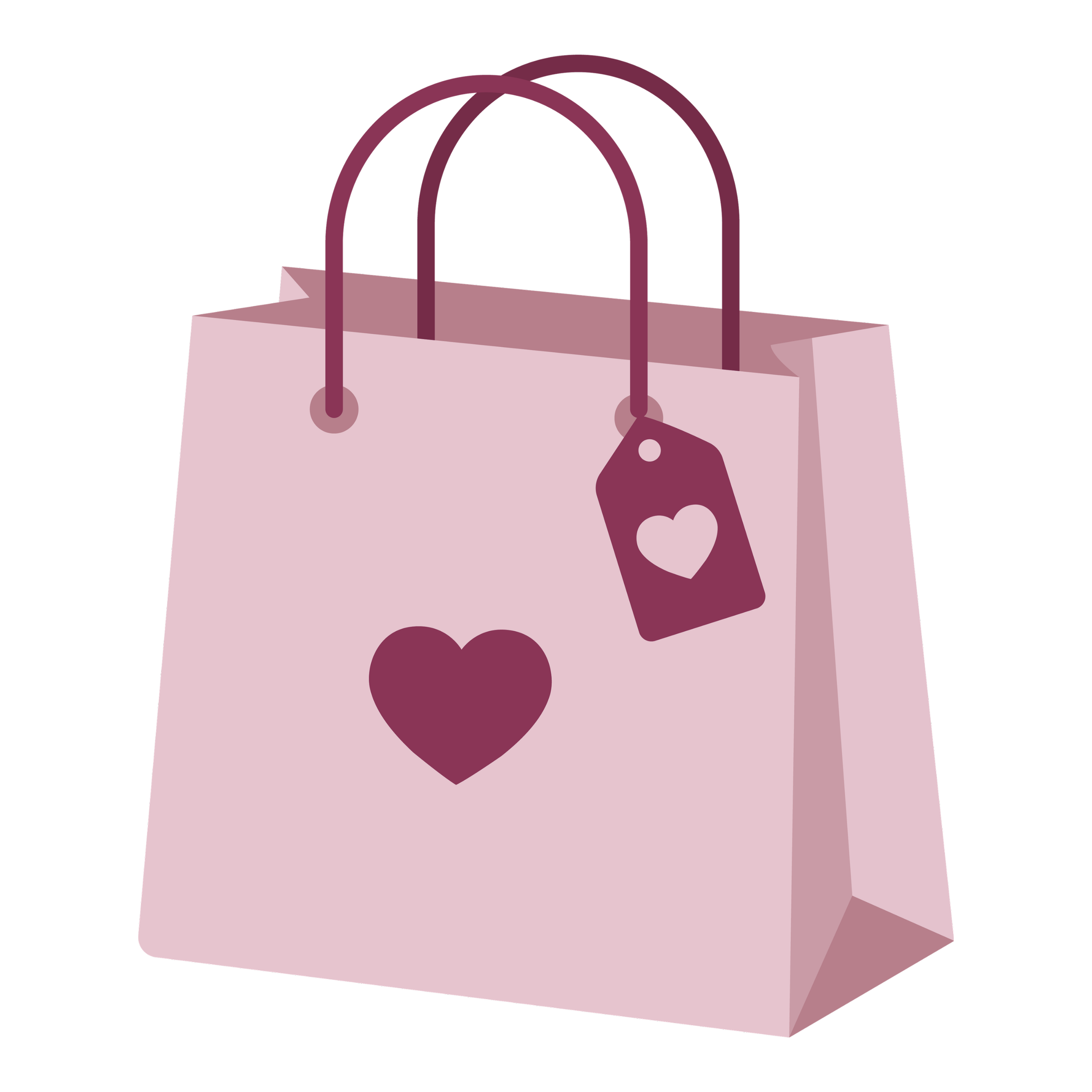 Pink gift bag with purple handles and purple heart-shaped tag.