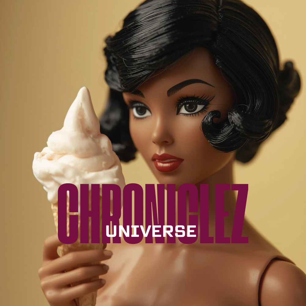 A mannequin with black, wavy hair and makeup, holding an ice cream cone, with the text 'CHRONICLEZ UNIVERSE' overlaid.