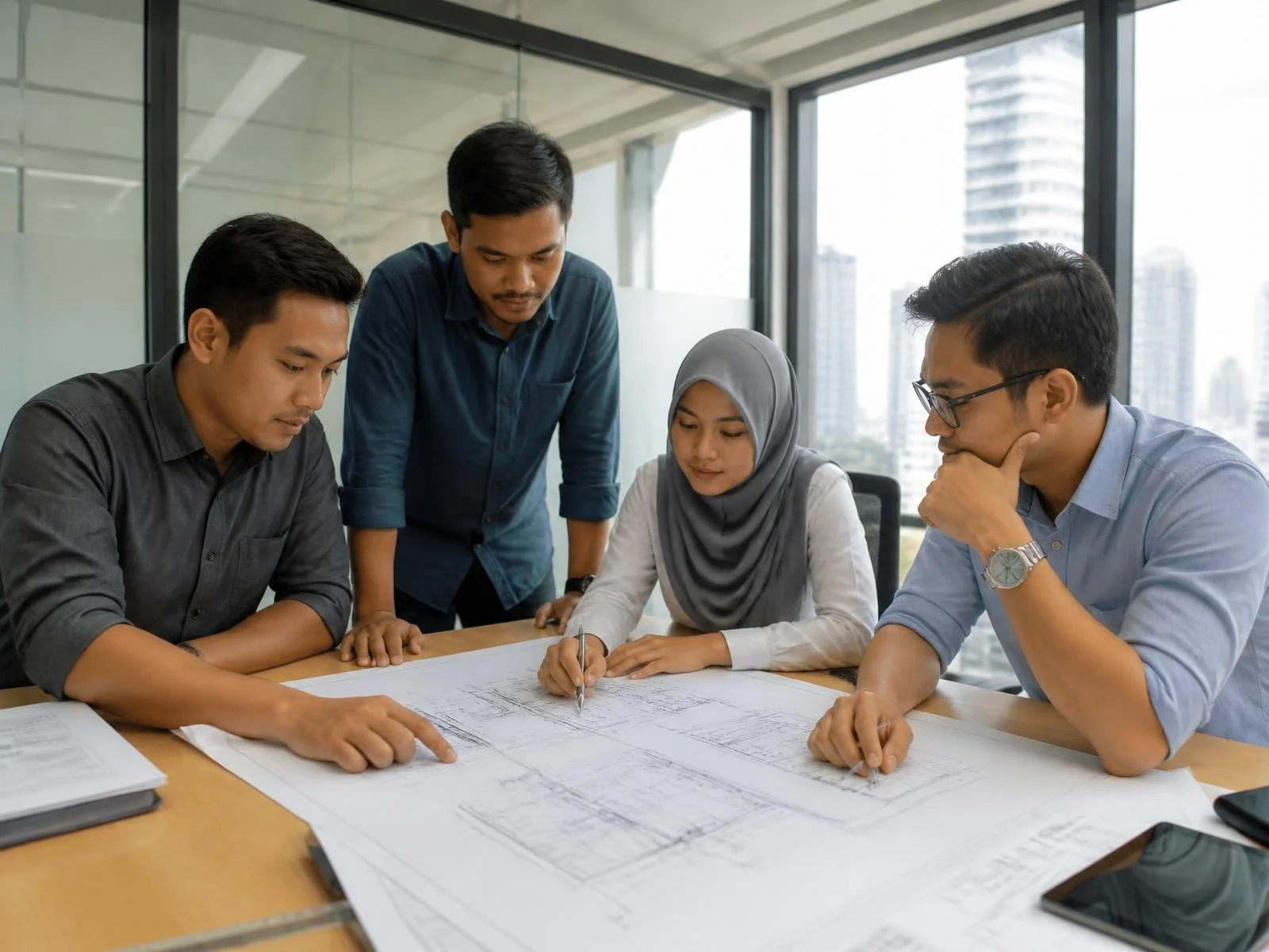 Four diverse professionals reviewing architectural plans in a modern office with city view.