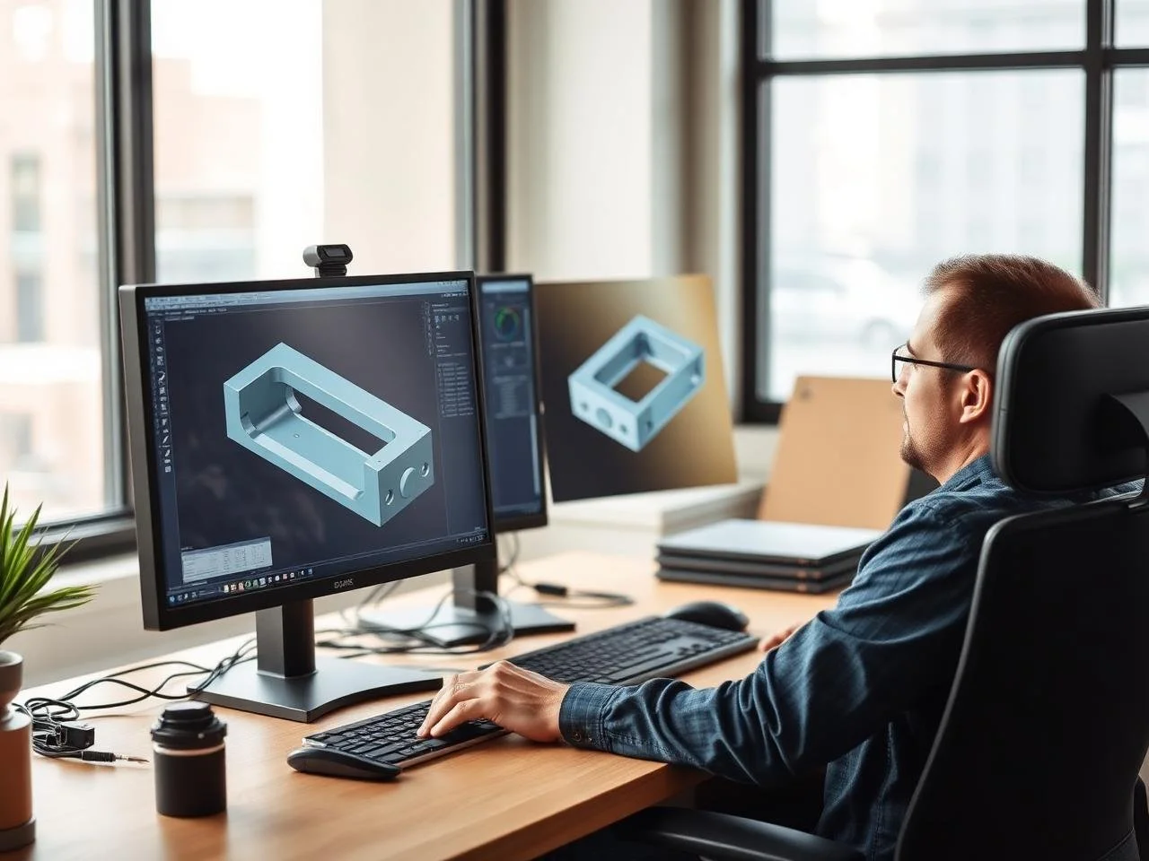 CAD model of a mechanical part being edited on a workstation display