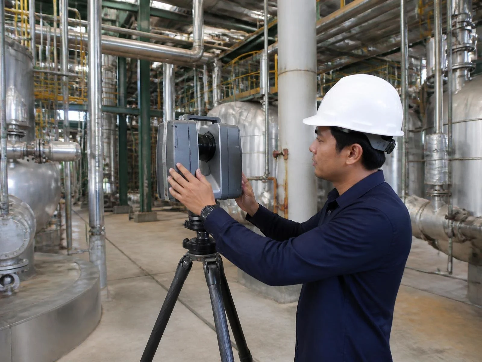 Engineer working on a 3D CAD model of a mechanical assembly on screen