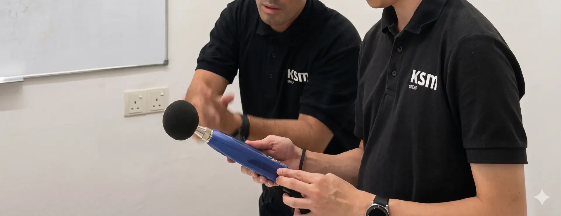 Two Novico engineers operating a handheld sound level meter during a noise measurement