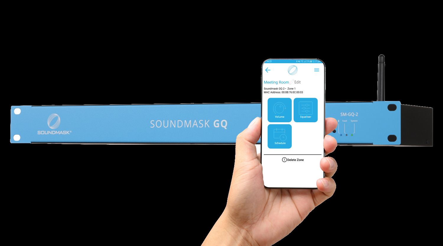Soundmask GQ rack controller alongside the mobile app used to set zone volume, equalisation and schedule