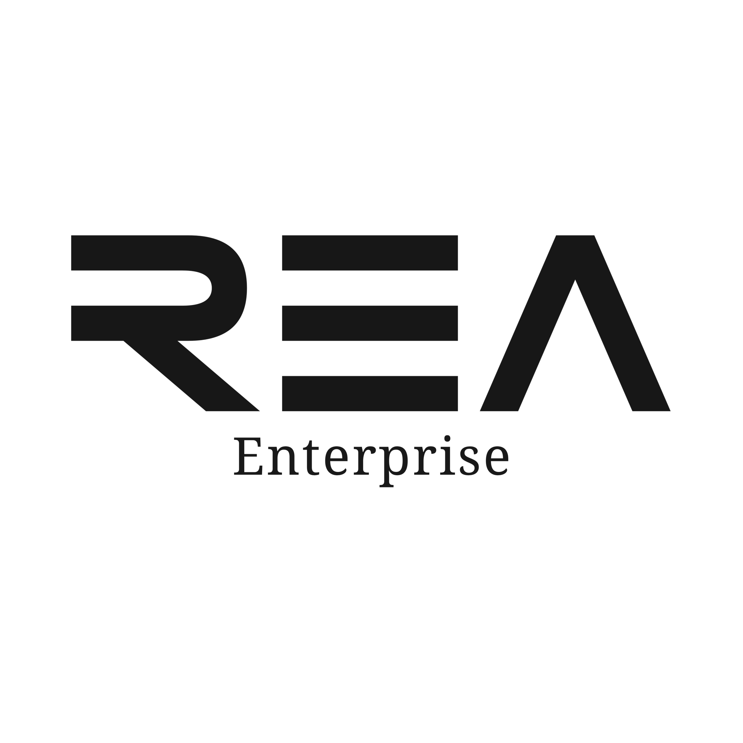 Logo of REA Enterprise featuring large stylized black text with the words 'RE' and 'A' separated by three horizontal lines, and the word 'Enterprise' underneath.