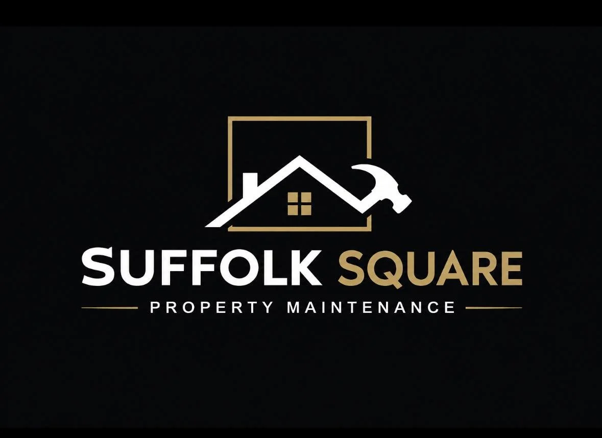 Logo for Suffolk Square Property Maintenance featuring a house outline with a hammer, with the company name and tagline on a black background.