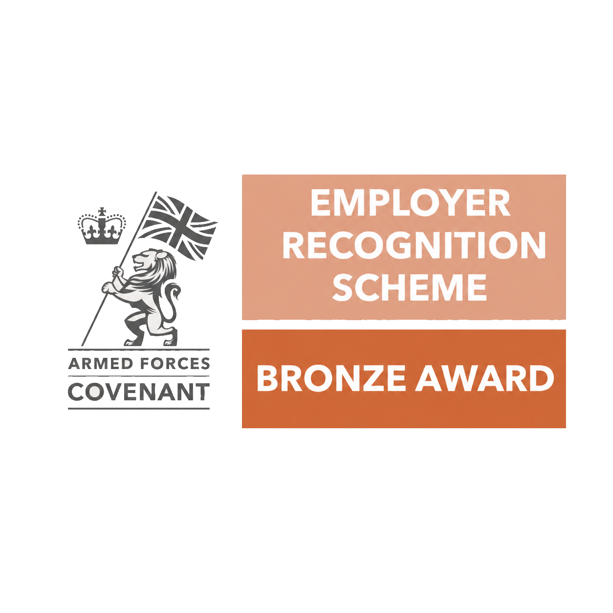 Armed Forces Covenant logo next to a recognition award label reading 'Employer Recognition Scheme Bronze Award' in shades of pink and orange.