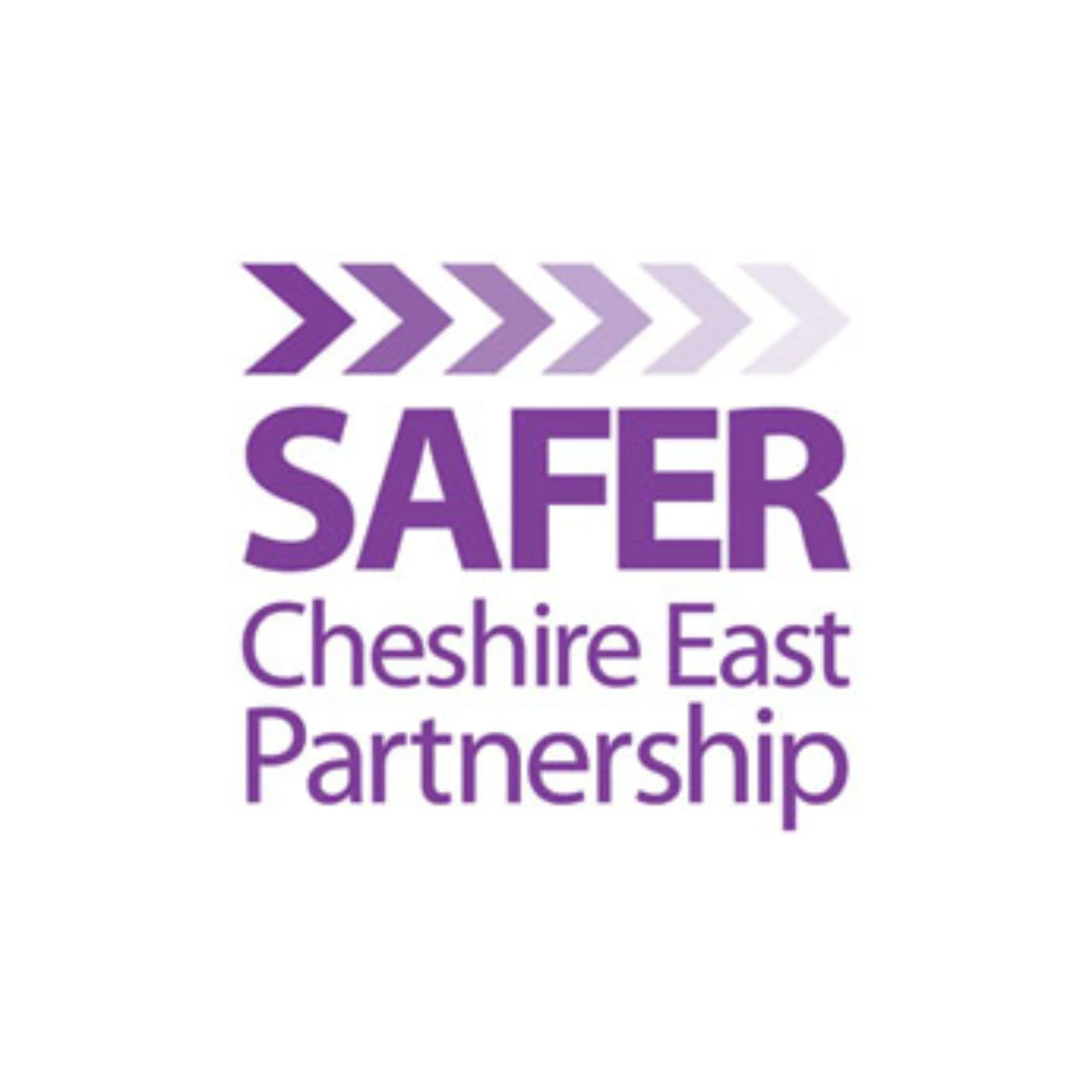 Logo with purple arrows and the words 'SAFER', 'Cheshire East', and 'Partnership' in purple text.