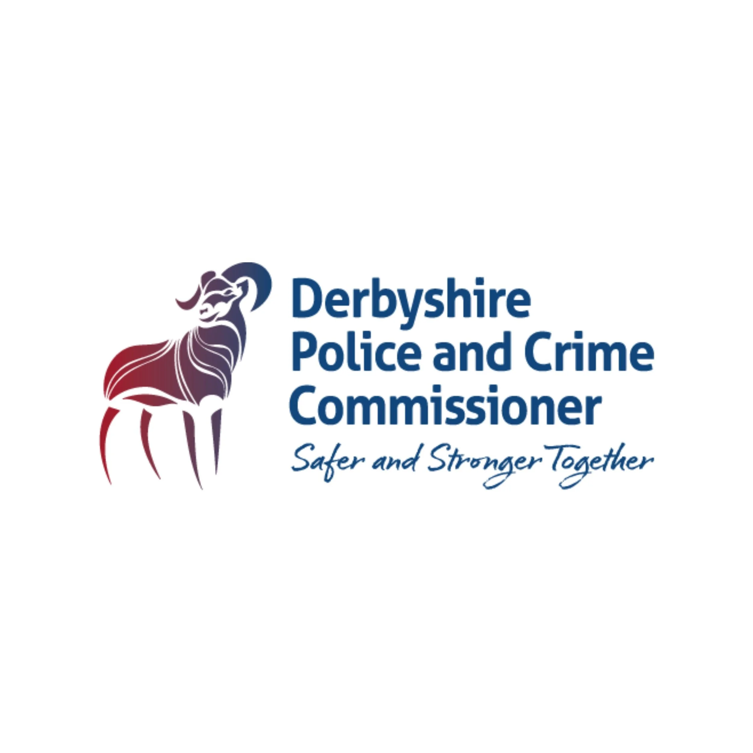 Logo of Derbyshire Police and Crime Commissioner with a lion's head illustration and the slogan 'Safer and Stronger Together'.