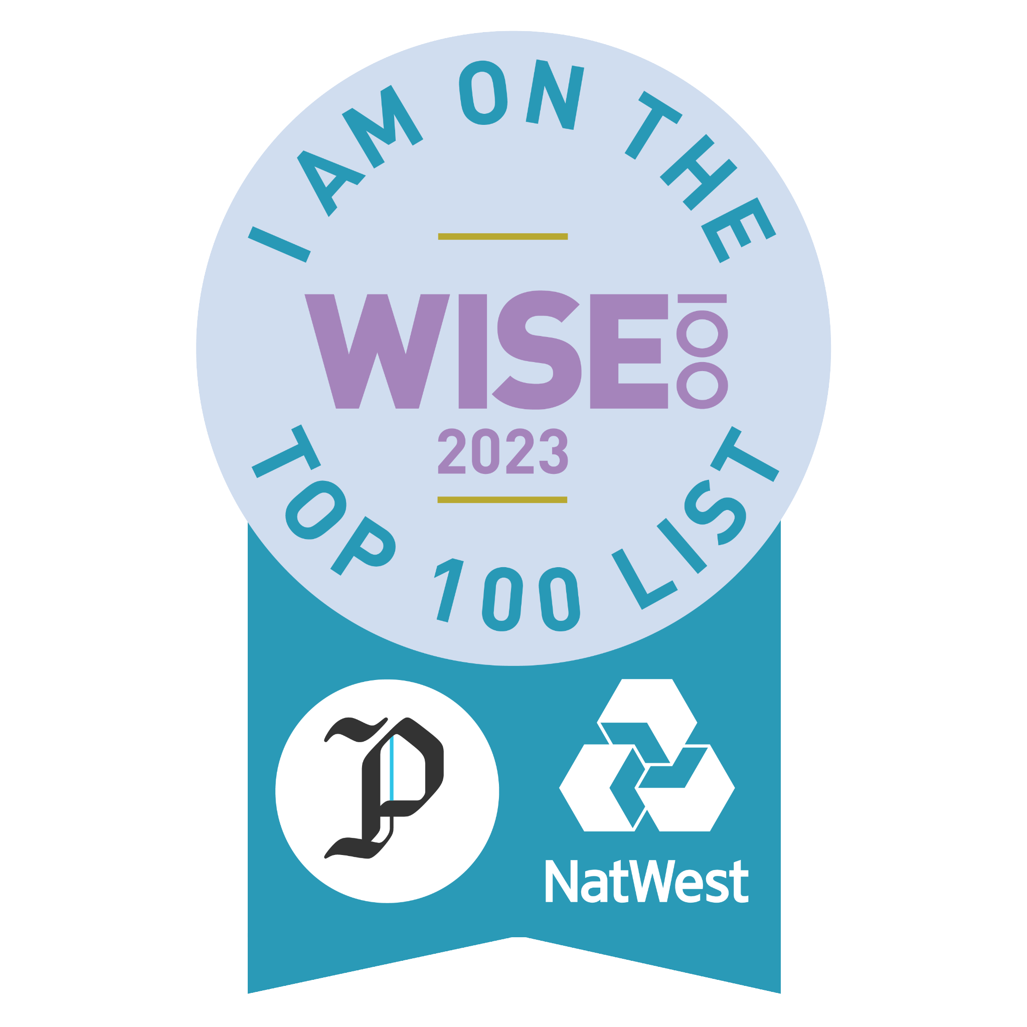 A badge for the 2023 NatWest iAmThE WiSE conference featuring a circular design with text and icons related to sustainability, recycling, and renewable energy.