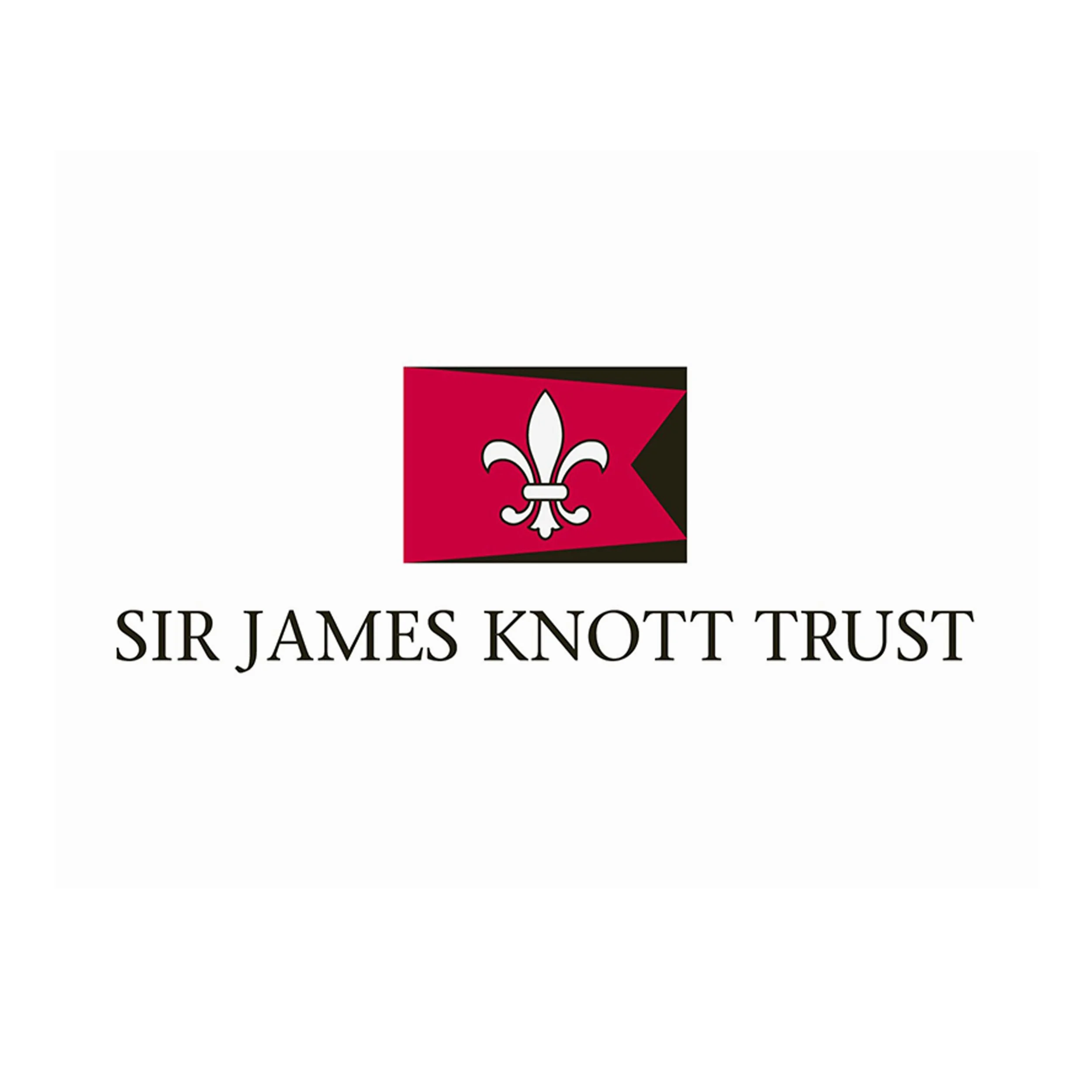 A red card with a white fleur-de-lis symbol and black accents, associated with Sir James Knott Trust.