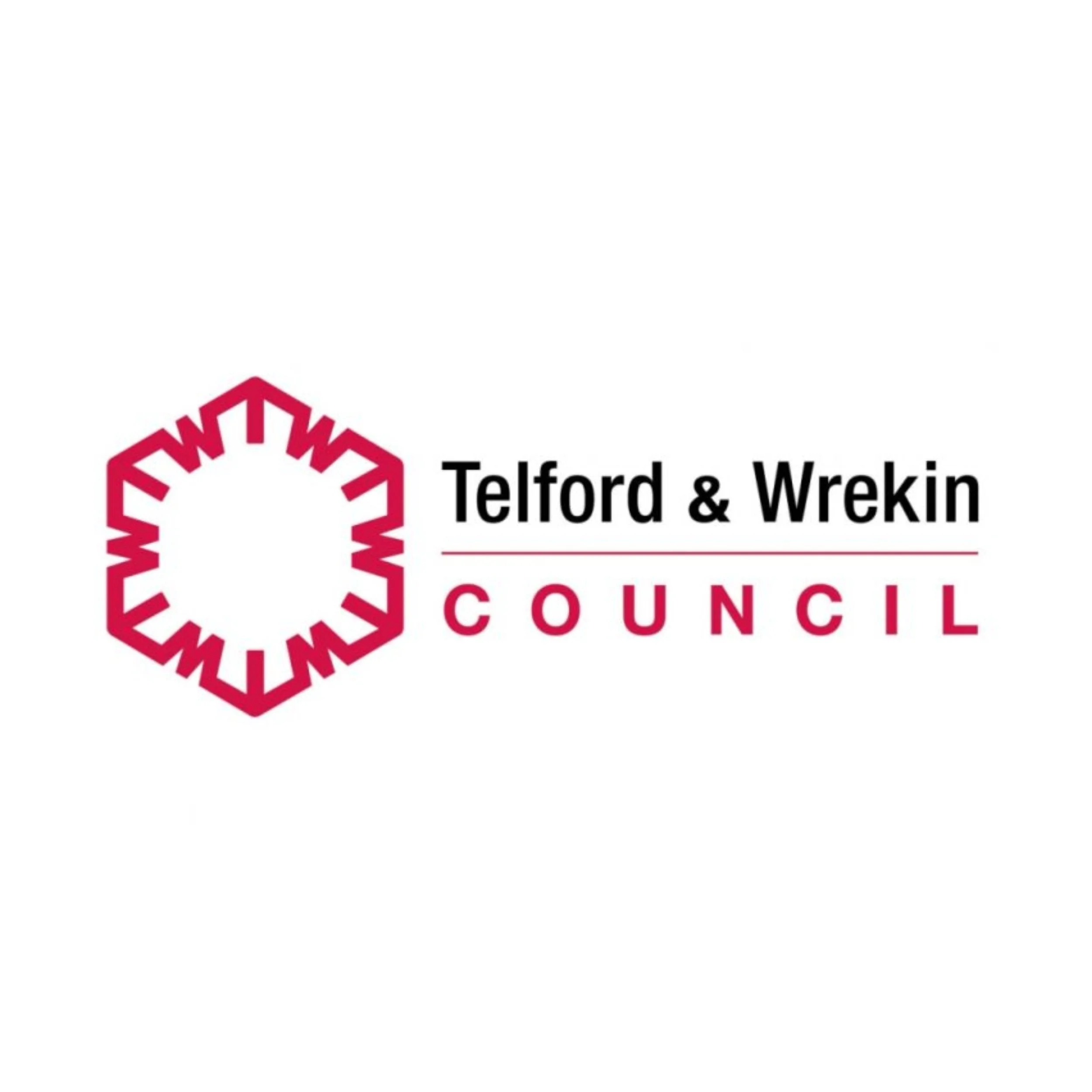 Logo of the Telford & Wrekin Council with a red geometric wreath design and black and red text.