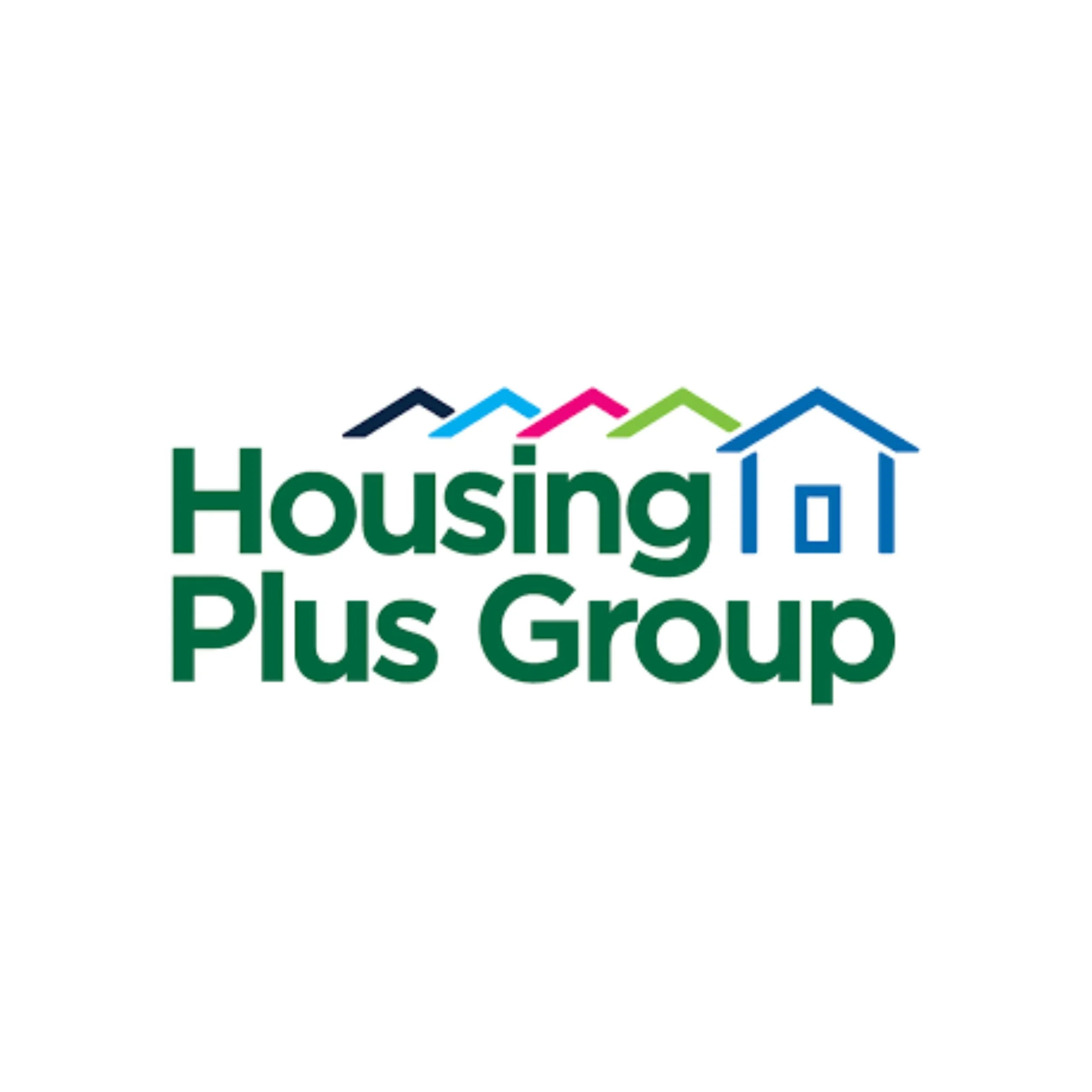 Logo for Housing Plus Group with multiple colored rooftops over the text.