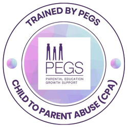 Logo for PEGS, a program for parental education and child growth support, with text 'Trained by PEGS' and 'Child to Parent Abuse (CPA)'.