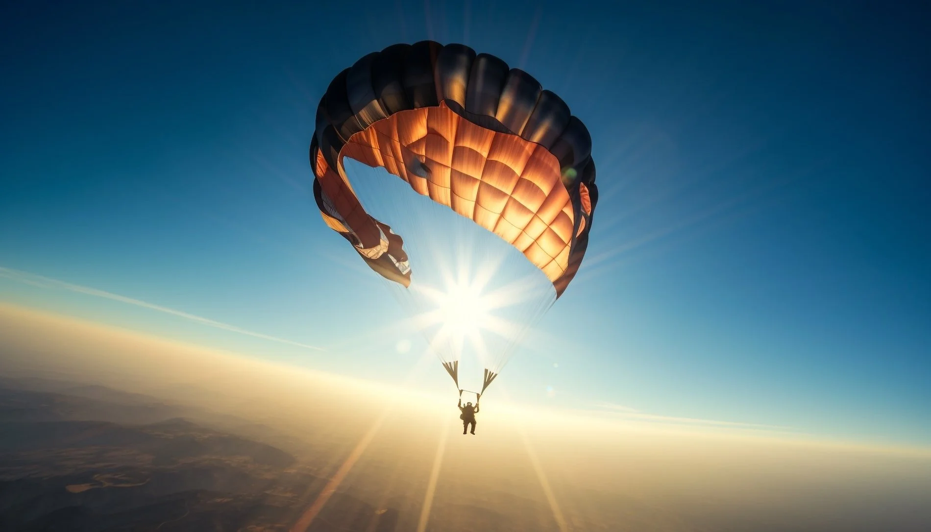 A person parachuting with a colorful parachute in the sky at sunset, with the sun shining behind and landscape below.