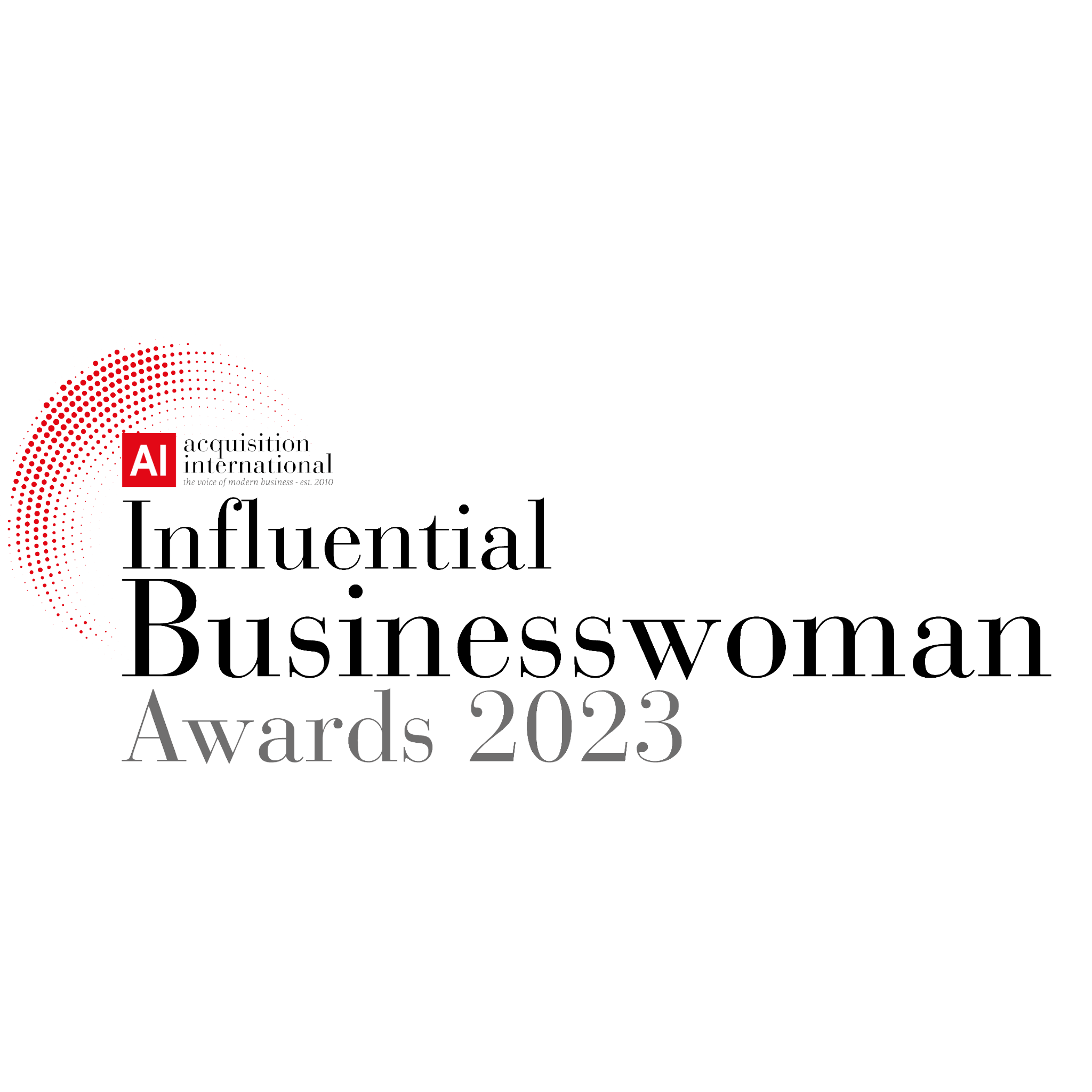 Text on a white background reads 'AI acquisition international the voice of modern business - est. 2010' and 'The Influential Businesswoman Awards 2023'. There is a red dotted graphic element in the bottom left corner.