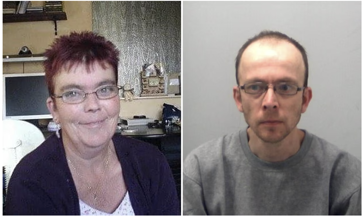 Split image of two people: a woman with short red hair, glasses and earrings smiling on the left; a man with short dark hair, glasses and a gray shirt looking to the right on the right.