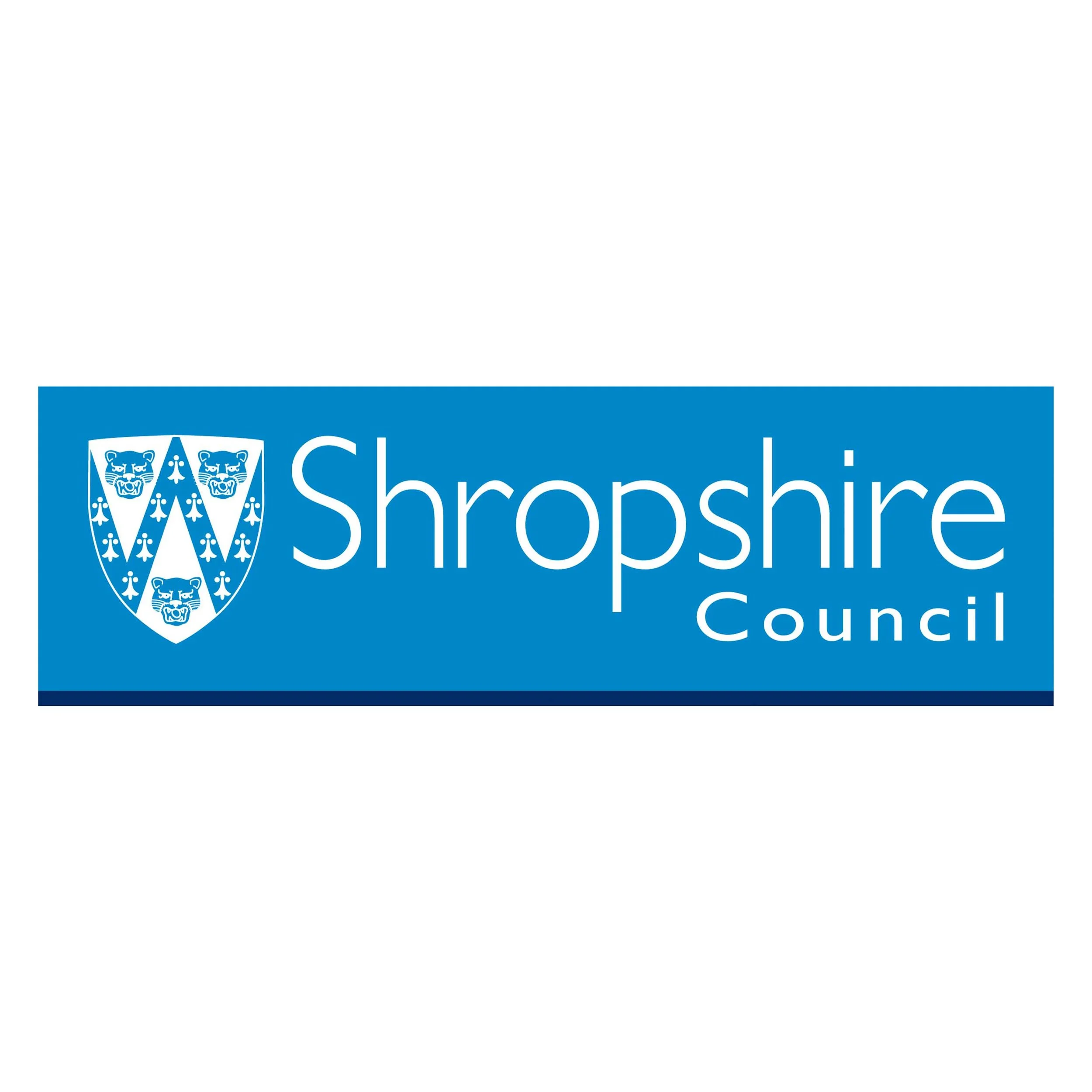The logo of Shropshire County Council featuring a coat of arms with three stylized lions' heads and the text 'Shropshire County Council' in white on a blue background.