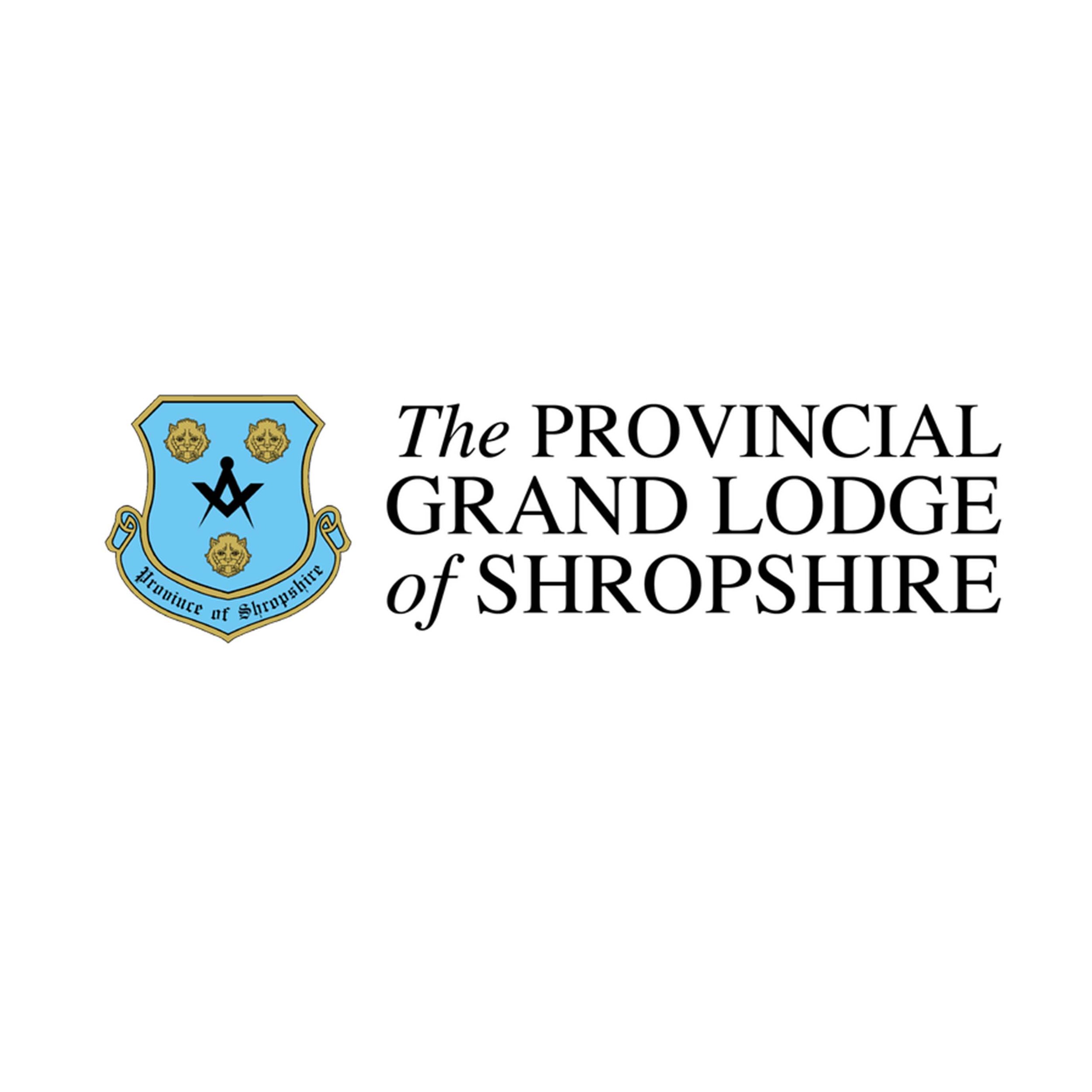 The logo of the Provincial Grand Lodge of Shropshire features a blue shield with two lion faces and a black downward-pointing V symbol, alongside text indicating the organization.