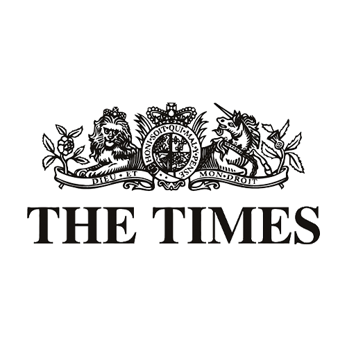 Black and white logo of The Times with a lion and unicorn on either side of a crest.