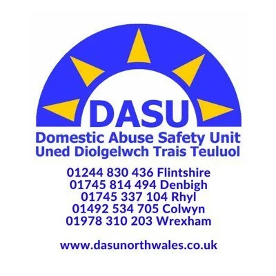 Logo of DASU, a domestic abuse safety organization, with a sun graphic and contact information in blue and yellow.