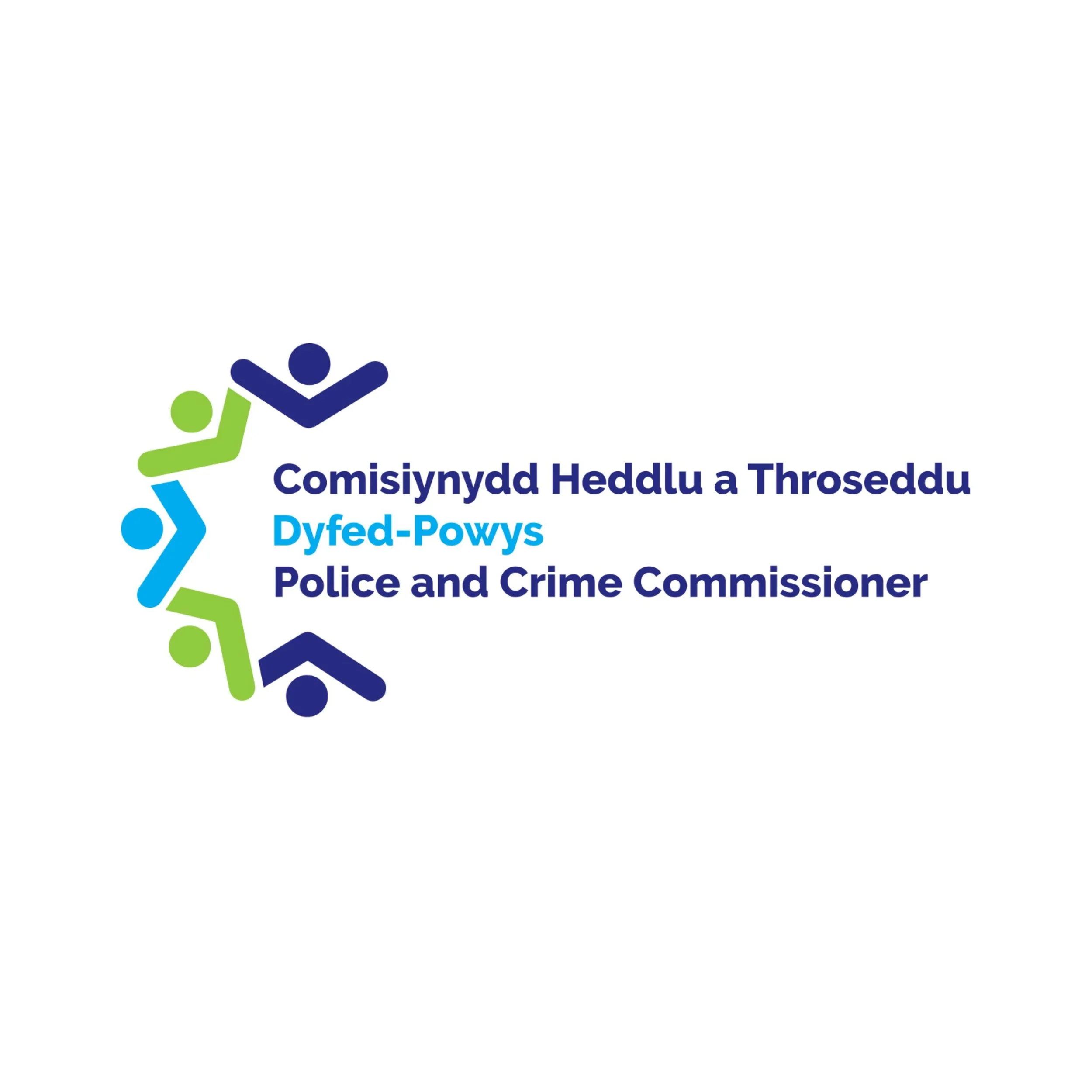 Multicolored stylized figures holding hands forming a chain over the Welsh phrase 'Comisiynydd Heddlu a Throseddu,' which translates to 'Police and Crime Commissioner,' with English 'Dyfed Powys' underneath.