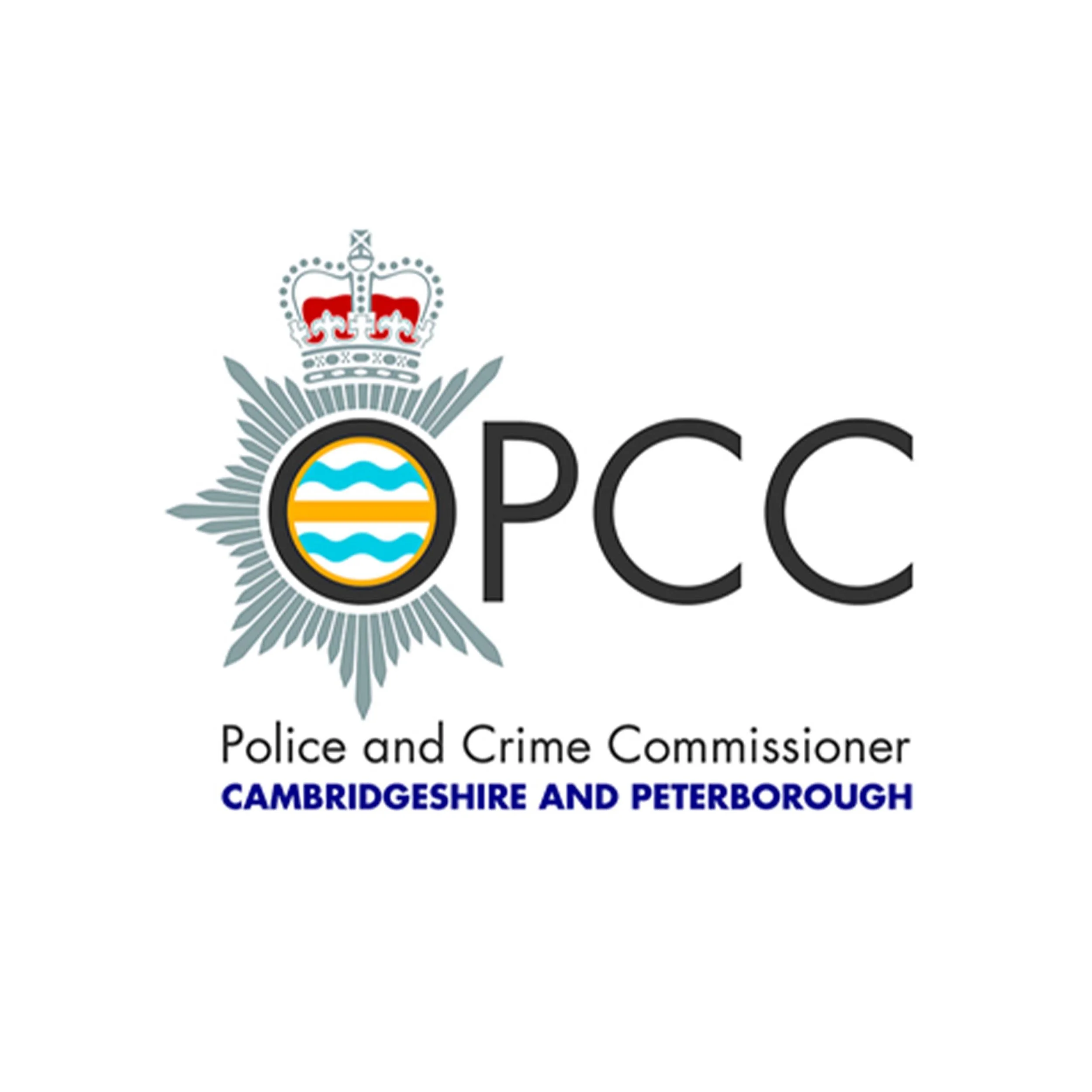 Logo of the Police and Crime Commissioner for Cambridgeshire and Peterborough, featuring a crown, a shield with a landscape, and a starburst design.