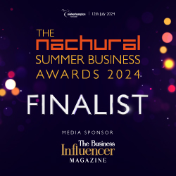 Award acceptance graphic for the Natural Summer Business Awards 2024, showing finalist status, with gold and pink dots on a dark background.
