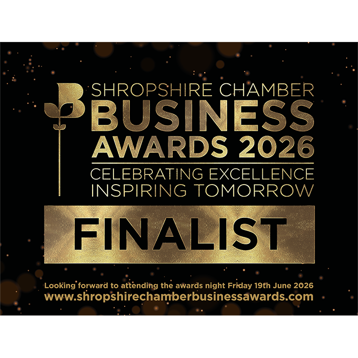 Shropshire Chamber Business Awards 2026 finalist announcement with gold and black design, event date June 19, 2026, website link included.