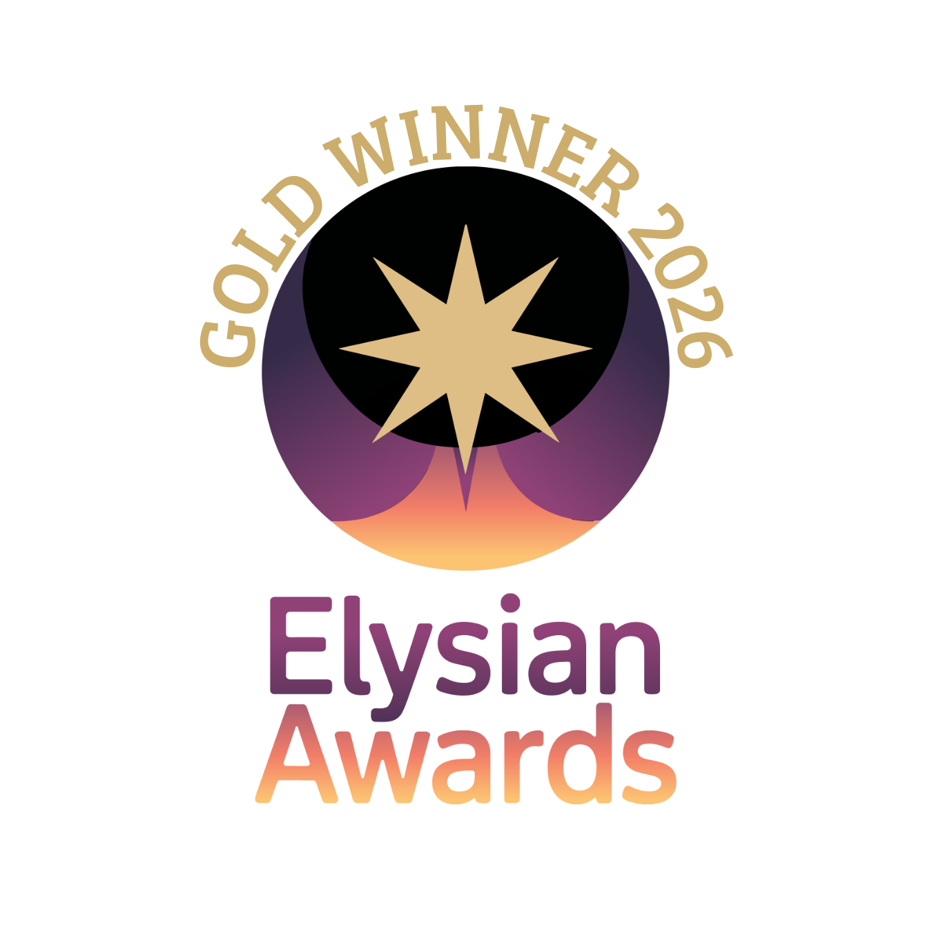 Logo for the Gold Winner 2026 Elysian Awards, featuring a star within a circle and gradient colors.