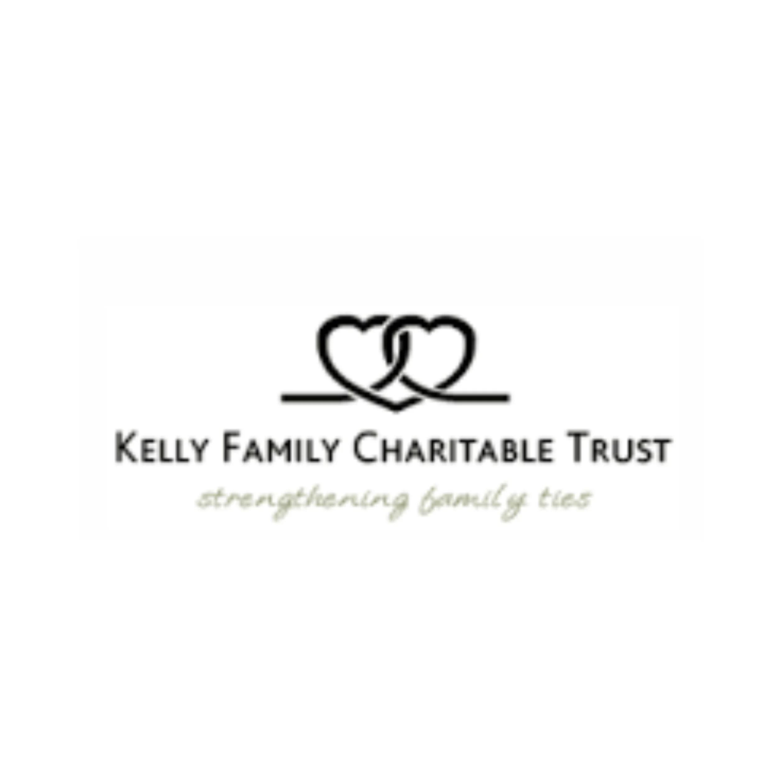 Kelly Family Charitable Trust logo featuring two interlocked hearts above the trust's name and the slogan 'Strengthening families for life.'
