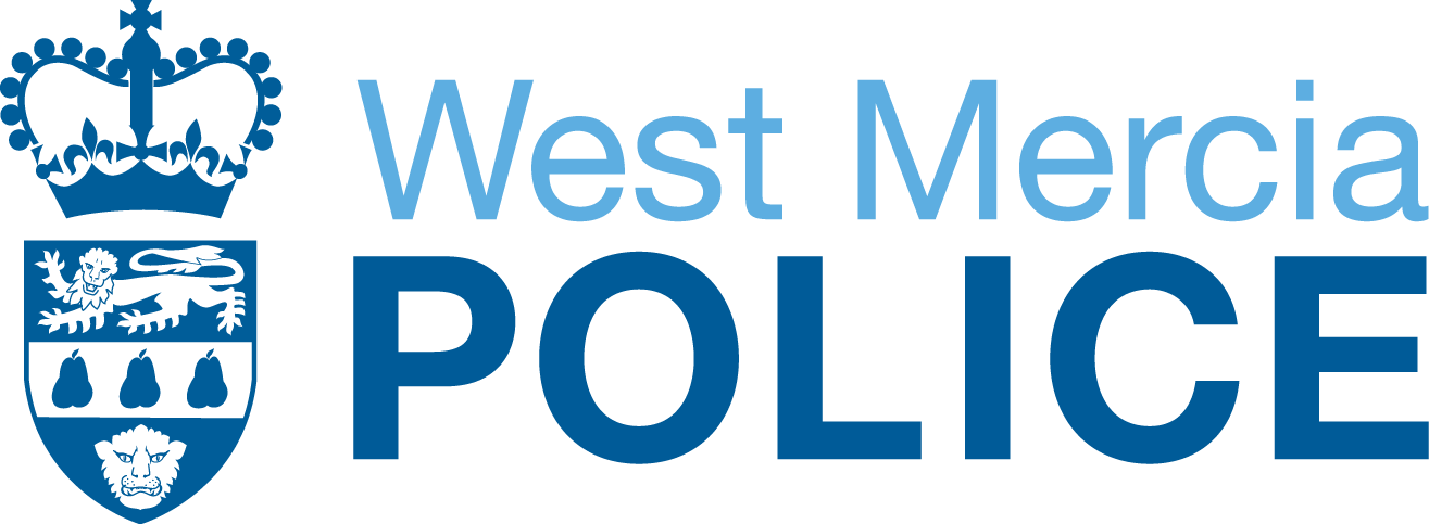 Logo of West Mercia Police featuring a crown, a dragon, three pears, and a lion