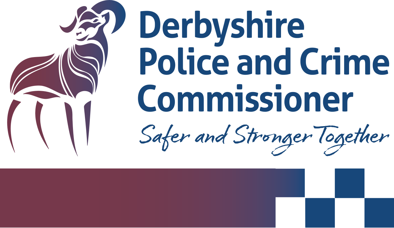 Logo for the Derbyshire Police and Crime Commissioner featuring a stylized lion and the slogan "Safer and Stronger Together".