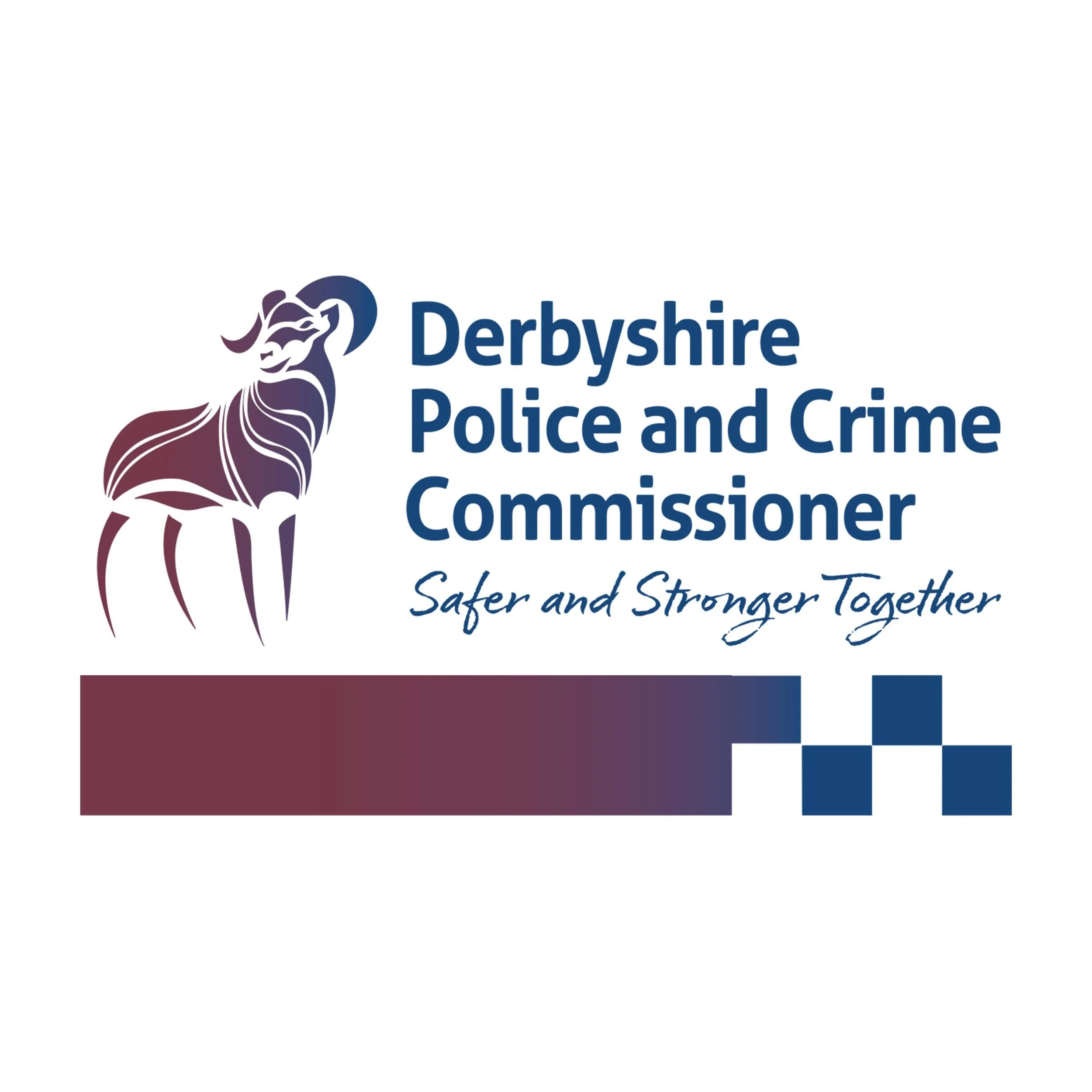 Logo for Derbyshire Police and Crime Commissioner with a stylized lion illustration and the slogan Safer and Stronger Together.