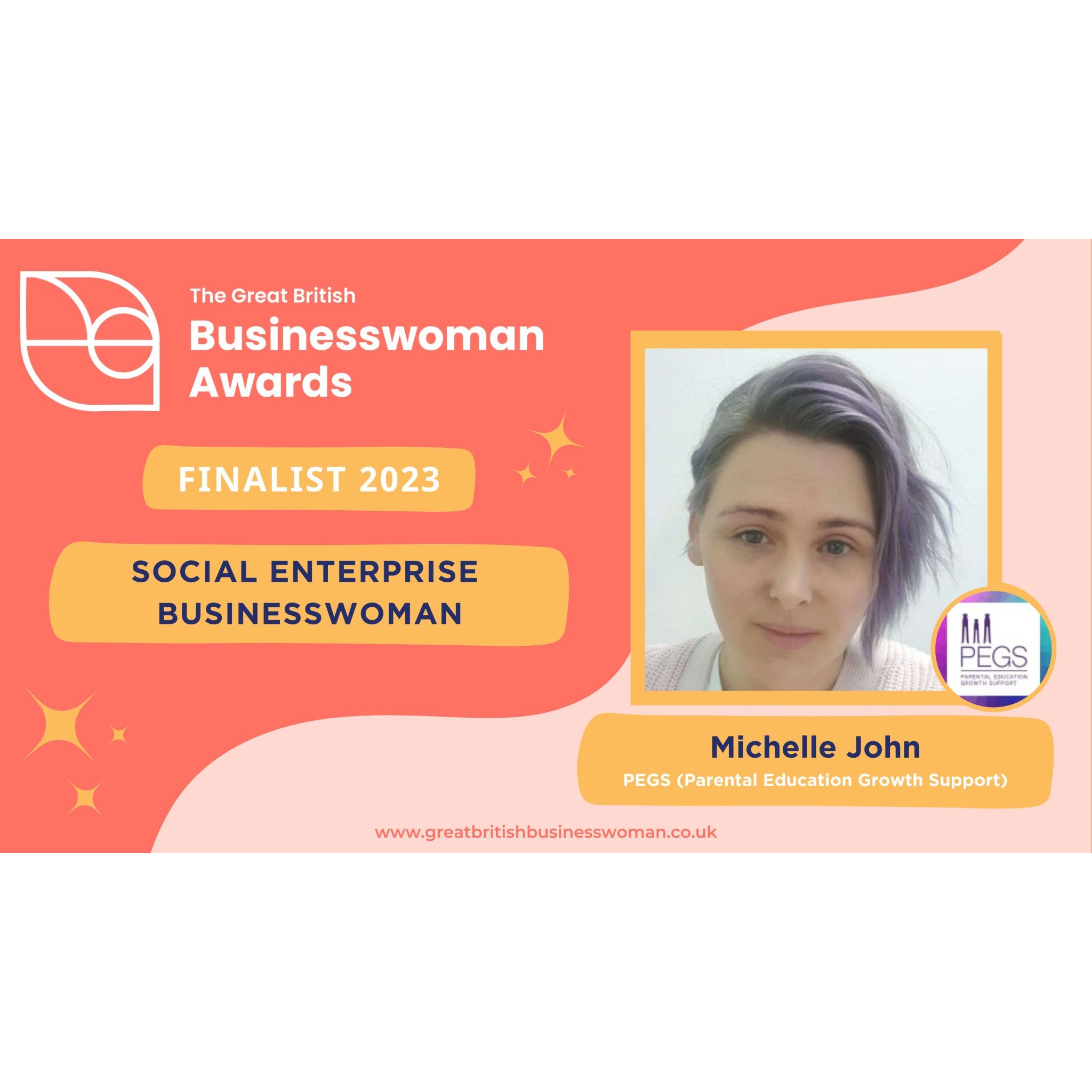Recognition of the Great British Businesswoman Awards 2023 finalists, featuring a partially visible woman with purple hair, alongside logos and event details on a colorful background.