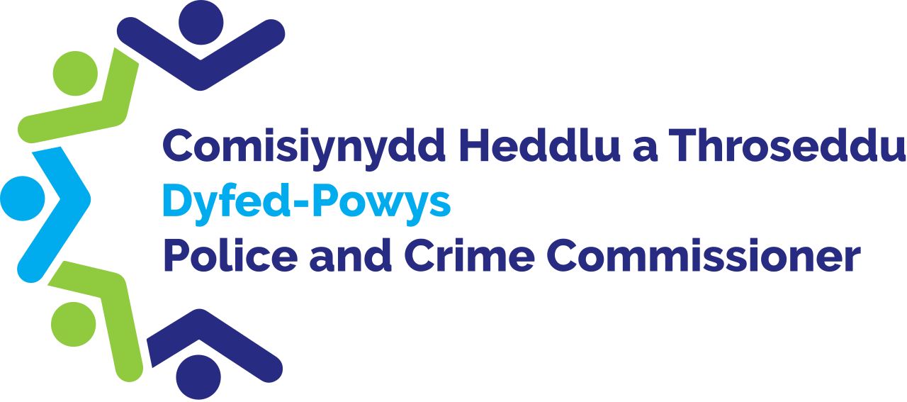 Logo of the Dyfed-Powys Police and Crime Commissioner featuring stylized human figures in blue and green around a circle of stars, with text in Welsh and English.
