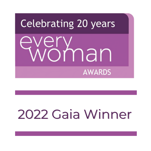 Celebrating 20 years of Every Woman Awards, 2022 Gaia Winner, purple and lavender banner with text.